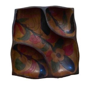 Vintage Wooden Hand Painted Engraved Bowl Bali dopamine decor trinket dish B7